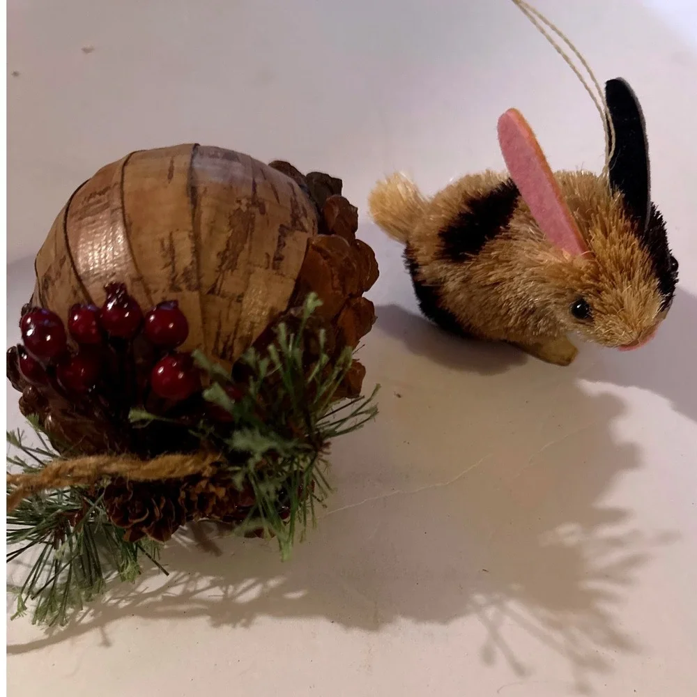 Christmas Ornament Set OS Brown Rustic Sisal Bunny Bark Ball Woodland